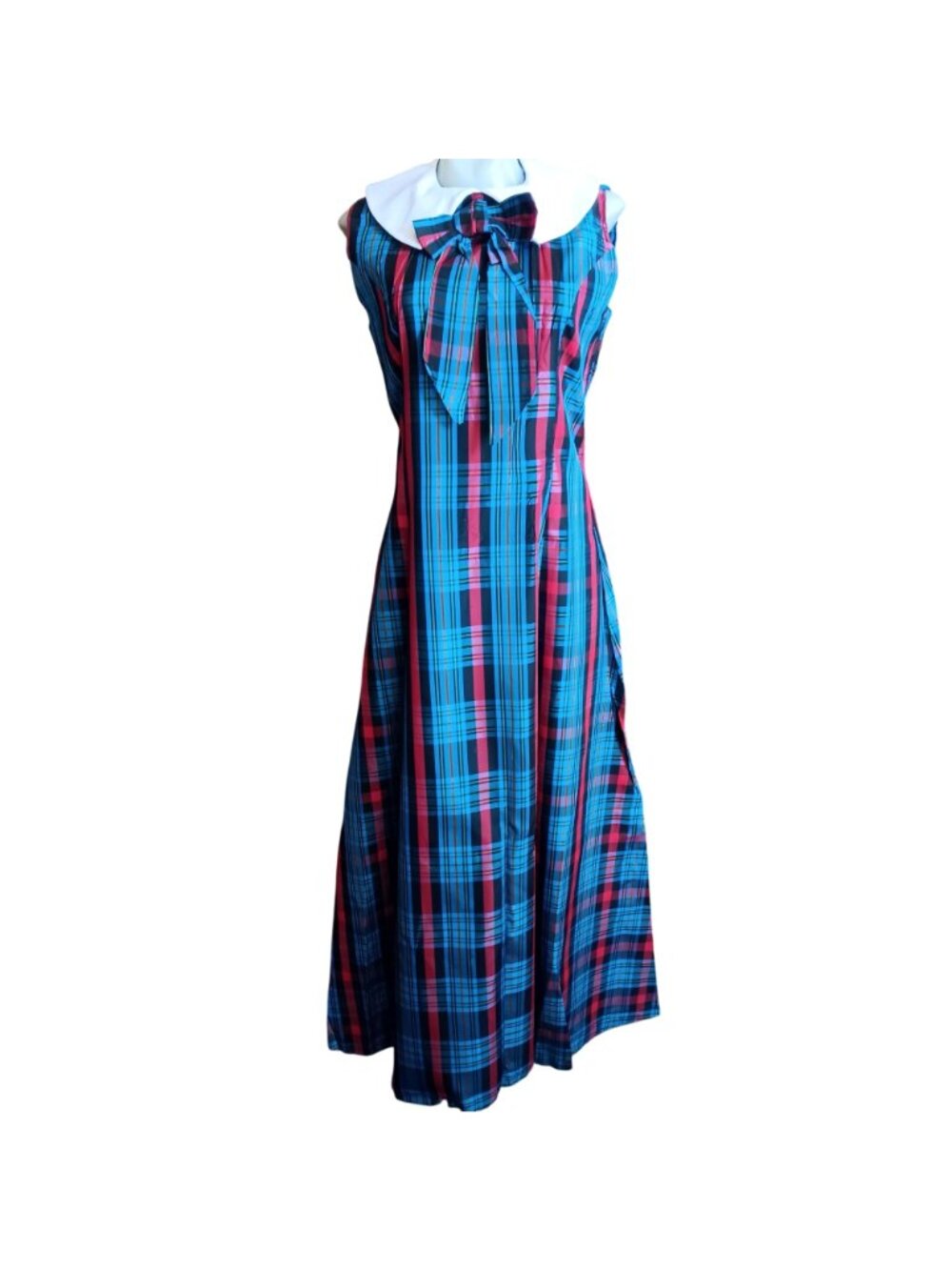 True Vintage Dress 11 1960's Plaid Sleeveless Maxi Pilgrim Collar Bow USA